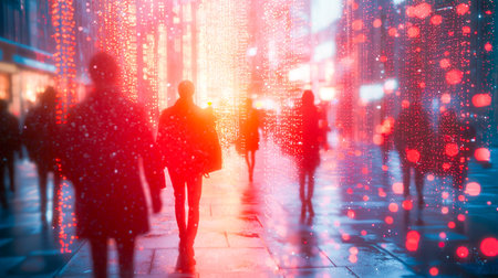 A neon-lit urban avenue showcases vibrant digital light trails weaving through bustling, indistinct crowds, evoking a high-tech, dynamic atmosphere.の写真素材