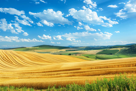 Tranquil rural scenery with lush fields and clear blue sky, picturesque landscapeの写真素材