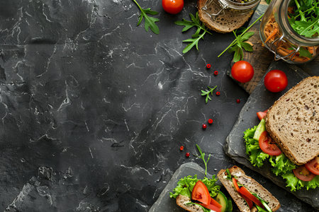 Healthy lunch box with sandwich and vegetables on stone table. Top view with copy spaceの写真素材