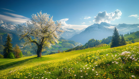 Sunny day in the alps. idyllic mountain landscape with blooming meadows during springtimeの写真素材
