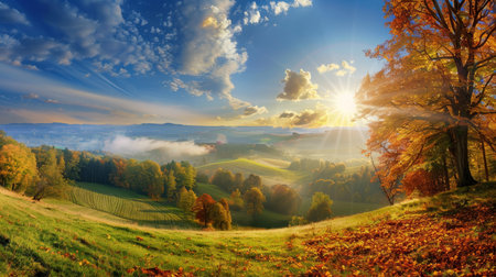 Enchanting autumn landscape. sunny panorama of rural idyll on a beautiful fall dayの写真素材