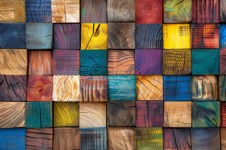 Vibrant wood veneer mosaic tiles abstract colorful background for design and decorationの写真素材