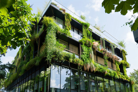 Modern green glass office building integrated with nature in sustainable urban environmentの写真素材