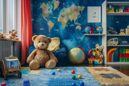 Child studio photo with classic toys playroom backdrop ideal for creative photo shootsの写真素材