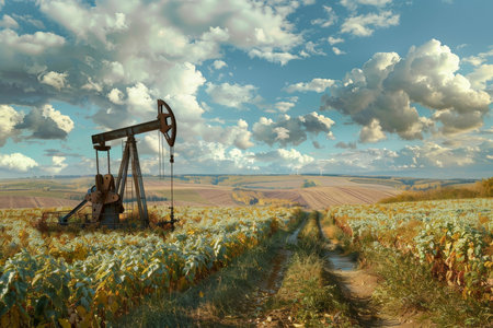 Integration of oil pump in agricultural landscape, uniting energy and farming practicesの写真素材