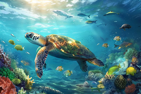Vibrant underwater landscape with a variety of marine animals and a majestic turtleの写真素材