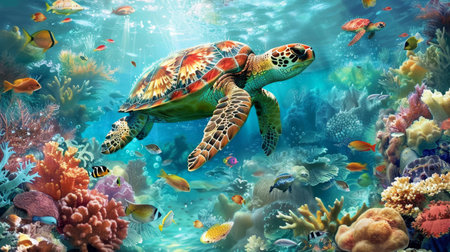 aquatic wonderland. colorful marine creatures and serene turtle in vibrant underwater ecosystemの写真素材