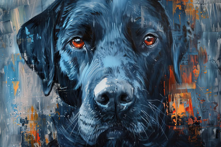 Beautiful black labrador portrait on canvas, artistic depiction of dogs expressive faceの写真素材