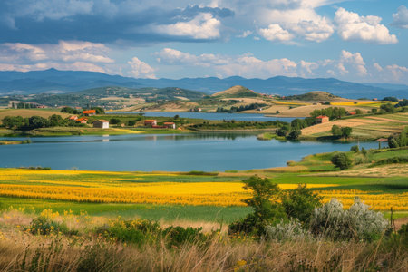 Picturesque european farmlands. beautiful yellow fields and tranquil blue lake landscapeの写真素材