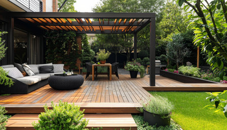 Luxurious morning garden featuring teak wood deck and elegant black pergola designの写真素材