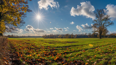 Enchanting autumn landscape. sunny panorama of idyllic rural countryside on a beautiful fall dayの写真素材