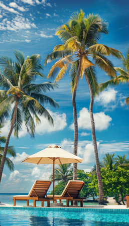 Happy tourism holiday landscape, luxury beach resort hotel with swimming pool and palm treesの写真素材