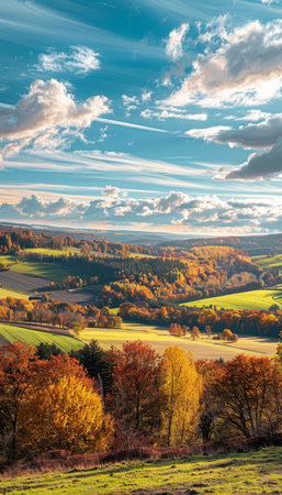 Enchanting autumn landscape. sunny panoramic view of idyllic countryside in fall seasonの写真素材