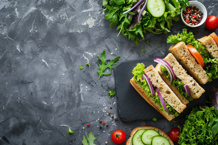 Nutritious lunch box on stone table with fresh sandwich, vegetables, and ample room for textの写真素材