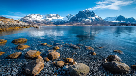 Tranquil alpine lake reflects towering, icy peaks amid rugged rocks, under a clear azure sky creating a peaceful mountain landscape.の写真素材
