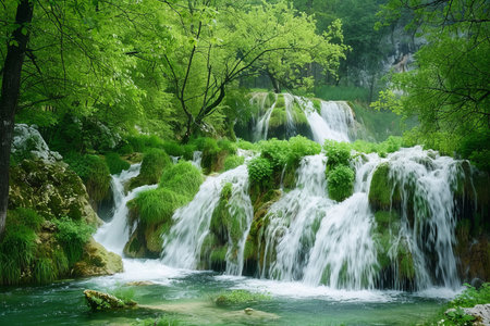 Awe-inspiring freshwater waterfalls surrounded by lush foliage in the heart of the forestの写真素材