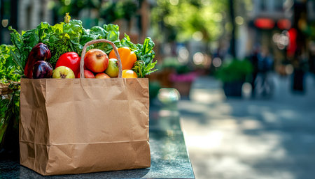Colorful produce including ripe tomatoes, leafy greens, and crisp apples spill from a rustic paper bag, capturing a lively market ambiance.の写真素材