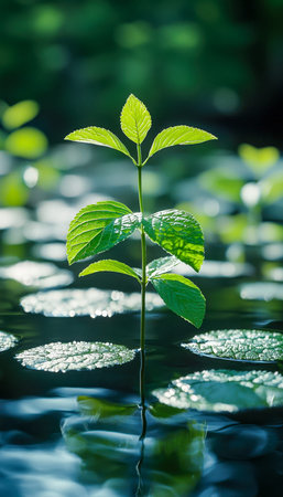 A tiny sprout pushes through clear pond water, encircled by lush lily pads, evoking serenity and...