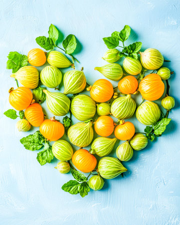 Vibrant heirloom tomatoes in a heart shape, lush green leaves, set against a soft light blue backdrop, evoking freshness and natural beauty.の写真素材