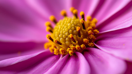 A vibrant macro shot capturing the delicate heart of a blush pink blossom, showing golden pollen-laden stamens against soft petal textures.の写真素材