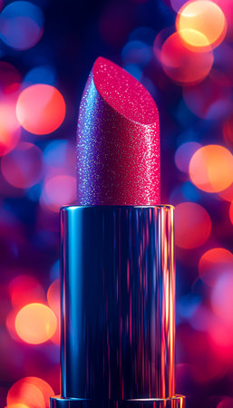 A bold, shimmering pink lip gloss with glitter accents is showcased against a dreamy, colorful blurred light backdrop, exuding glamor and sophisticatの写真素材