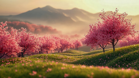 Gentle dawn light bathes blooming cherry trees atop lush hills, creating a tranquil scene filled with soft pinks and vibrant greens.の写真素材