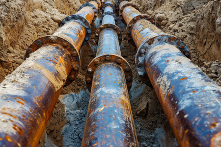 Construction of metal pipelines for old underground waterline installation in trench excavation workの写真素材