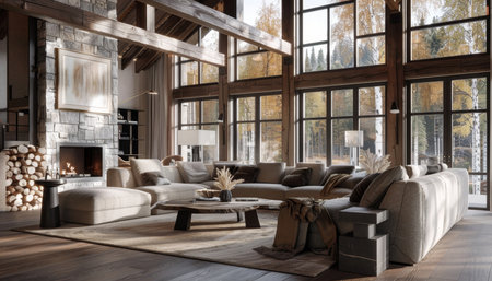 High-quality image of modern farmhouse country home interior design with cozy living room decorの写真素材