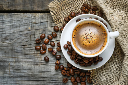 Freshly brewed espresso coffee in a cup with roasted coffee beans on wooden backgroundの写真素材