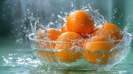 Juicy orange segments cascade into clear water with vibrant splashes, capturing freshness and...