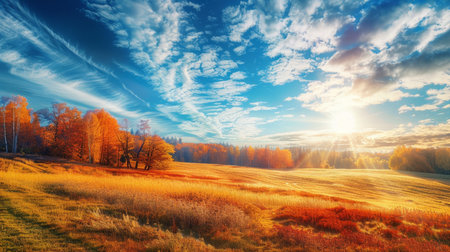 Sunny day in the countryside. enchanting autumn landscape with a charming rural idyllの写真素材