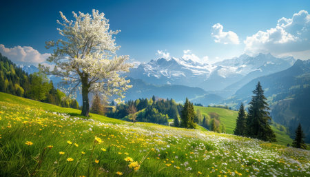 Idyllic alpine landscape. blooming meadows in springtime on a beautiful sunny day in the alpsの写真素材