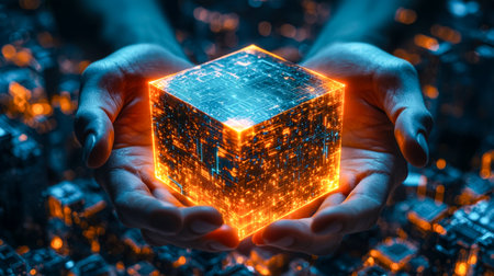 A luminous digital cube radiates vibrant geometric patterns, cradled by human hands against a sprawling urban skyline illuminated in the night.の写真素材