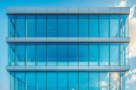 A sleek, contemporary structure with transparent facades mirrors the dynamic sky, creating a harmonious blend of architecture and natural elements.の写真素材
