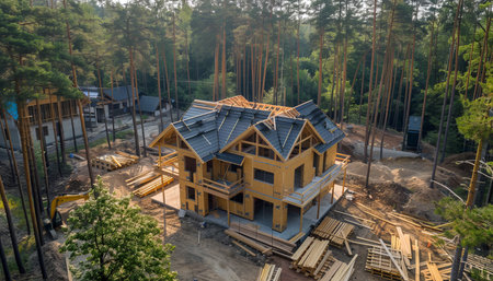 Aerial view of modern two-story wooden frame house under ecological construction near forestの写真素材