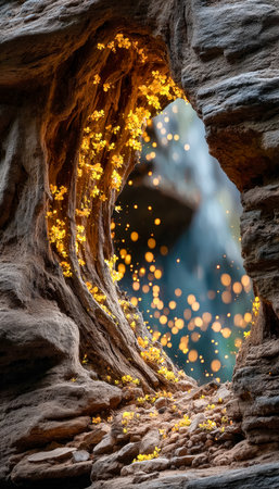 Tiny luminous insects flicker amidst rocky walls, creating a magical glow in the dusk-lit canyon's narrow entrance, evoking enchantment and mystery.の写真素材