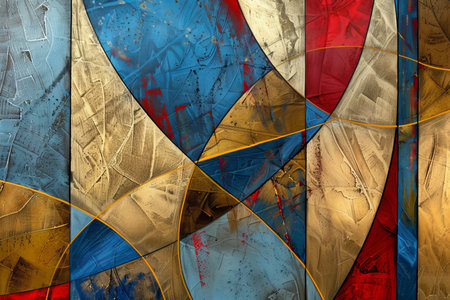 Abstract geometric artwork in elegant blue, red, and gold design for sale - modern decorの写真素材