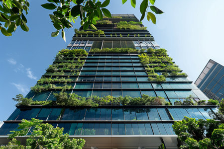 Modern green glass office building integrated with nature for sustainable urban environmentの写真素材