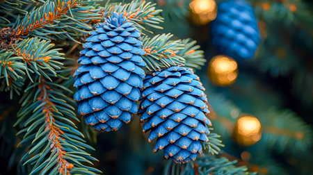 Vibrant blue pine cones adorn a festive tree, accented by twinkling lights and cozy glow, creating a cheerful holiday atmosphere.の写真素材