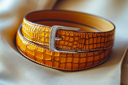 A luxurious orange leather belt with a crocodile texture and a sparkling jeweled buckle, artfully displayed against plush fabric for sophisticated styの写真素材