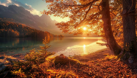 Breathtaking view of the fantastic autumn sunset at hintersee lake on a beautiful, sunny dayの写真素材