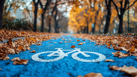 A bike path weaving through vibrant fall foliage, with layers of amber and crimson leaves, capturing serenity and outdoor adventure.の写真素材