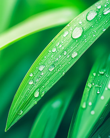 A vibrant green leaf glistening with tiny water droplets, capturing intricate textures and a fresh, dewy mood ideal for nature and eco-themed projectsの写真素材