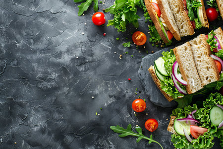 Nutritious lunch box with sandwich and veggies on stone table, ideal for healthy eating conceptの写真素材