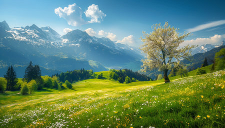 Sunny day in the alps. idyllic mountain landscape with blooming meadows in springの写真素材