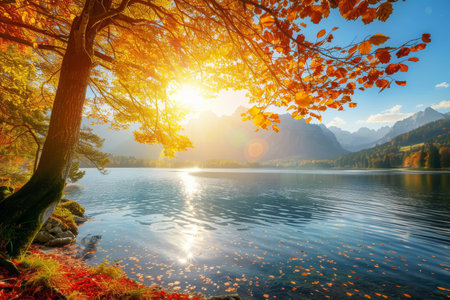 Breathtaking autumn sunset landscape at hintersee lake with sun shining on a clear sunny dayの写真素材