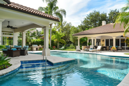 Luxurious backyard with sparkling pool and cozy patio furnitureの写真素材