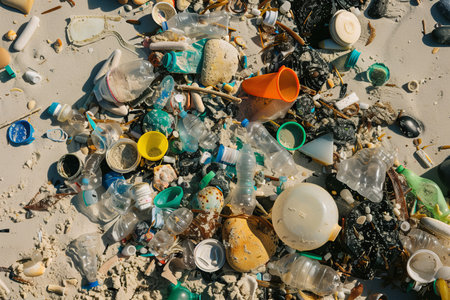 Plastic pollution spotted during a beach clean-up, environmental conservation conceptの写真素材