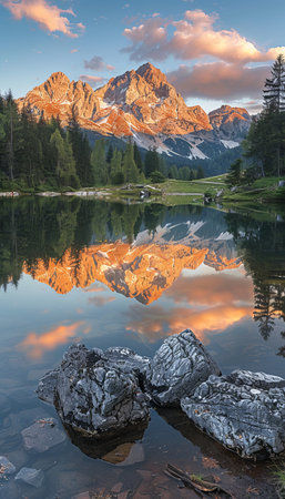 Sunset at mountain lake zittauerhuette refuge in the Austrian alps on a sunny dayの写真素材