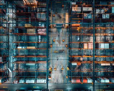 Large distribution warehouse with industrial and logistics companies and high shelves for storageの写真素材